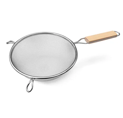 Omcan USA 80941 Mesh Strainer – 8-1/2" Diameter, 8" Bowl, Tin‑Plated Single Mesh, Flat Wood Handle