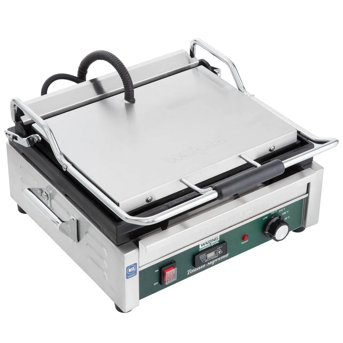 Waring WFG250 Single Cast Iron Sandwich Panini Grill w/ 14.5" x 11" Smooth Plates, 120V