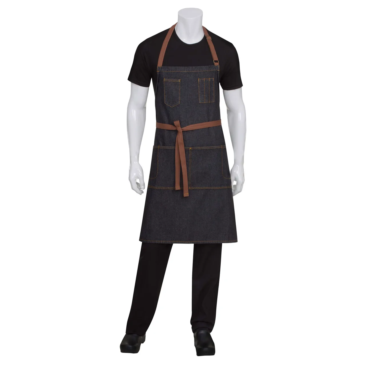 Chef Works AB035-BLK-0 Bib Apron, 34"L x 30"W, Black 100% Cotton, Neck Strap, 4 Pockets