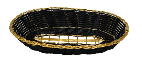 Omcan USA 47193 - Long Oval Woven Display Basket, 9"D x 4.25"W x 2"H, Black with Golden Trim