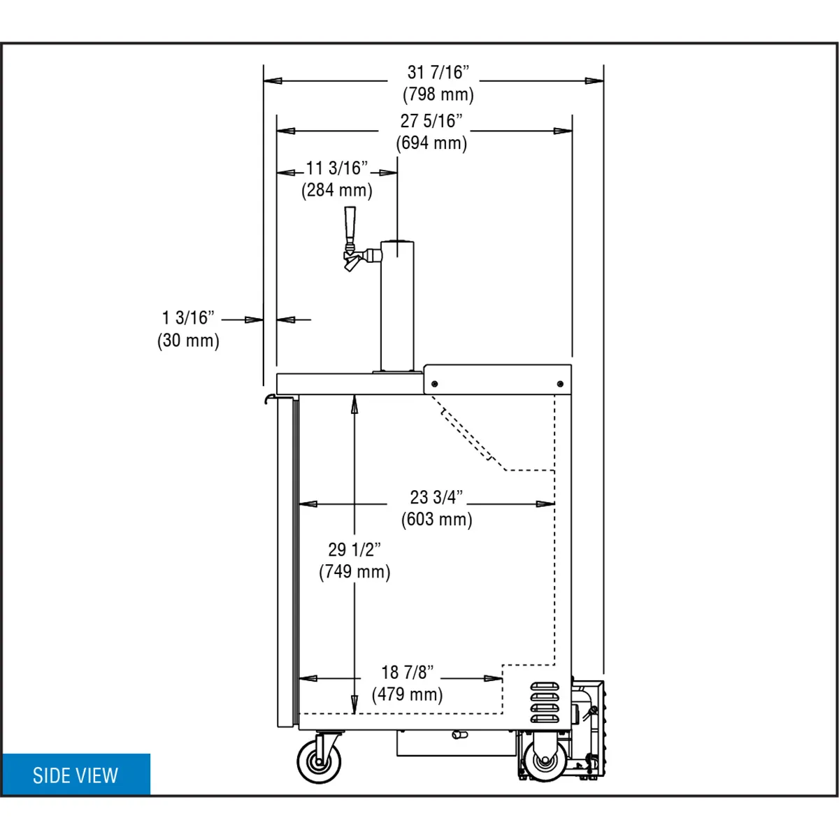 Continental KC24N 24" Keg Cooler, Black Enamel, 8 Cu Ft, 1‑Barrel, 1‑Col, RearComp, 5" Casters, NSF