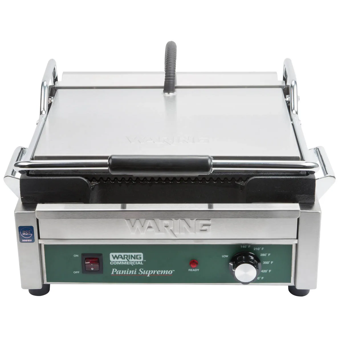 Waring WPG250B Single Cast Iron Sandwich Panini Grill w/ 14.5" x 11" Grooved Plates, 208V
