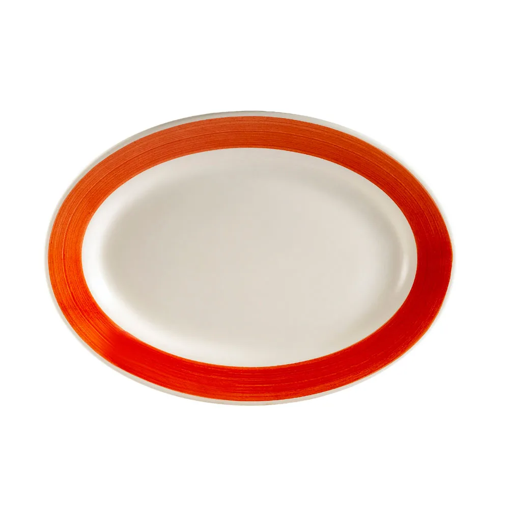CAC China R-51-R Platter, 15-1/2" L x 10" W x 1-1/2" H, Oval Stoneware, Red, Rolled Edge - Dozen