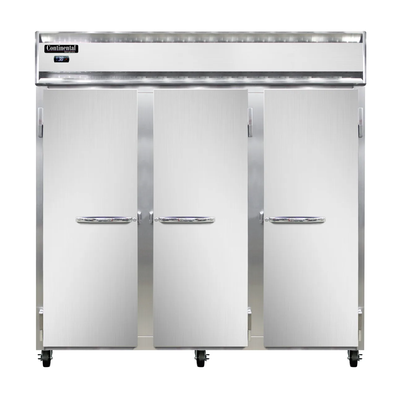Continental Refrigerator 3RNPT 78" 3-Section Pass-Thru Refrigerator w/ 6 Solid Doors, Stainless Steel Front Aluminum Ends, 72 cu ft