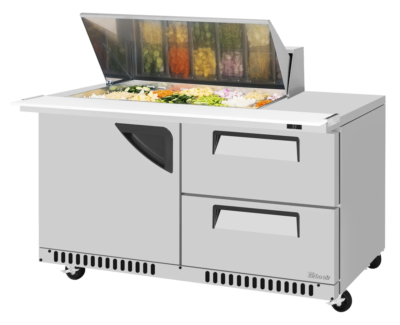 Turbo Air TST-60SD-18M-D2R(L)-FB-N(-LW) 60" 2-Section Mega Top Sandwich Prep Table w/ 2 Drawers, Front Breathing, 18 Pans