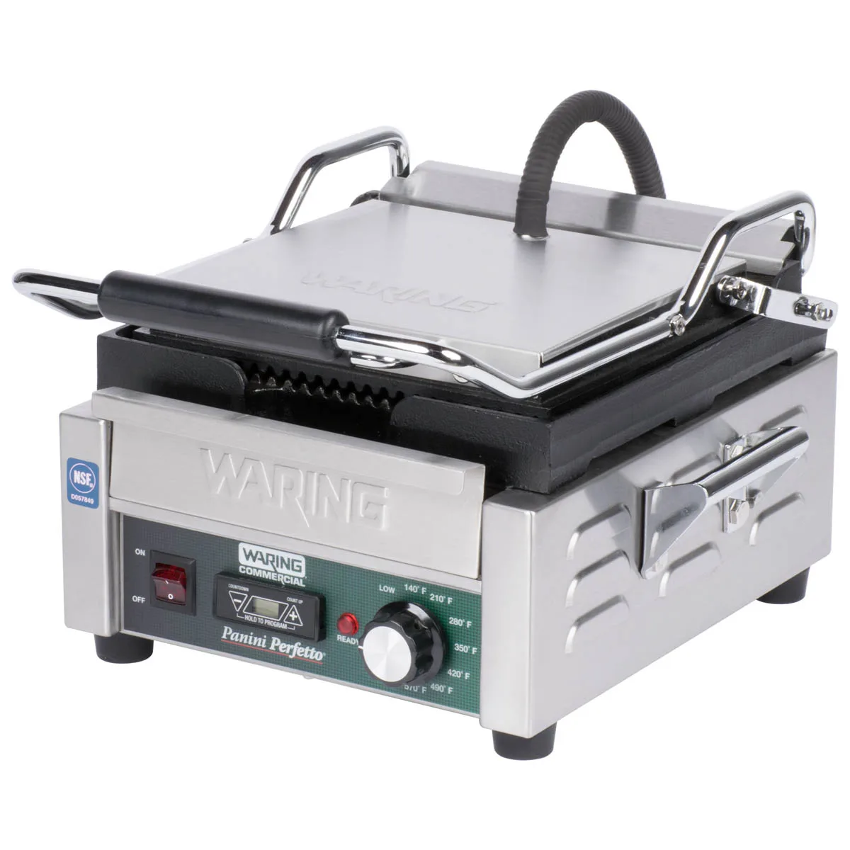 Waring WPG150B Single Cast Iron Sandwich Panini Grill w/ 9" x 9" Grooved Plates, 208V