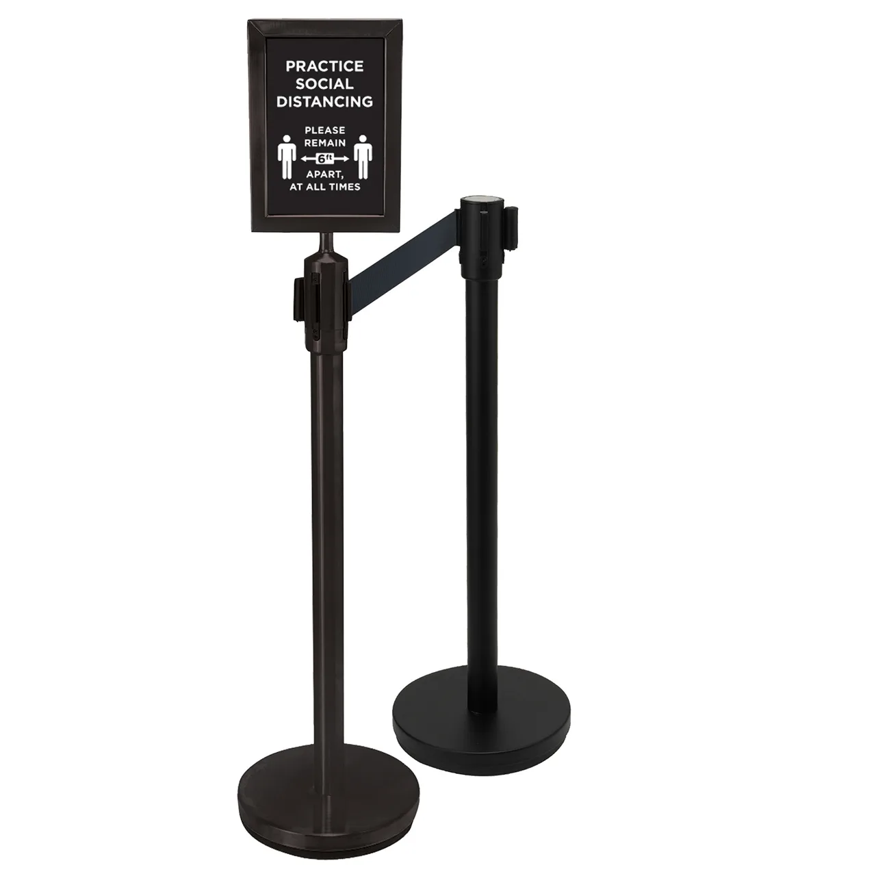 Winco CGS-SETA Black Iron Stanchion Set w/ 6 1/2' Retractable Belt & Social Distancing Sign