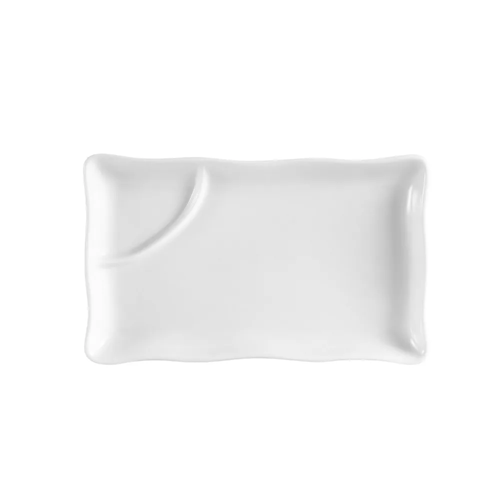 CAC China RCN-RT8 8"L x 5"W x 3/4"H Rectangular Porcelain Super White 2-Compartment Platter - Dozen