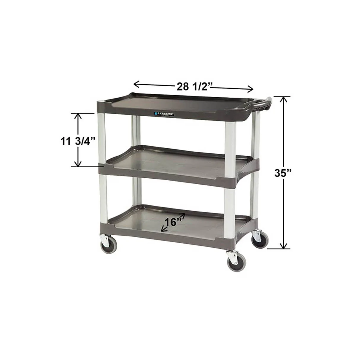 Lakeside 2503 Charcoal Plastic 3 Shelf Utility Cart - 36"W x 18-1/2"D x 35"H