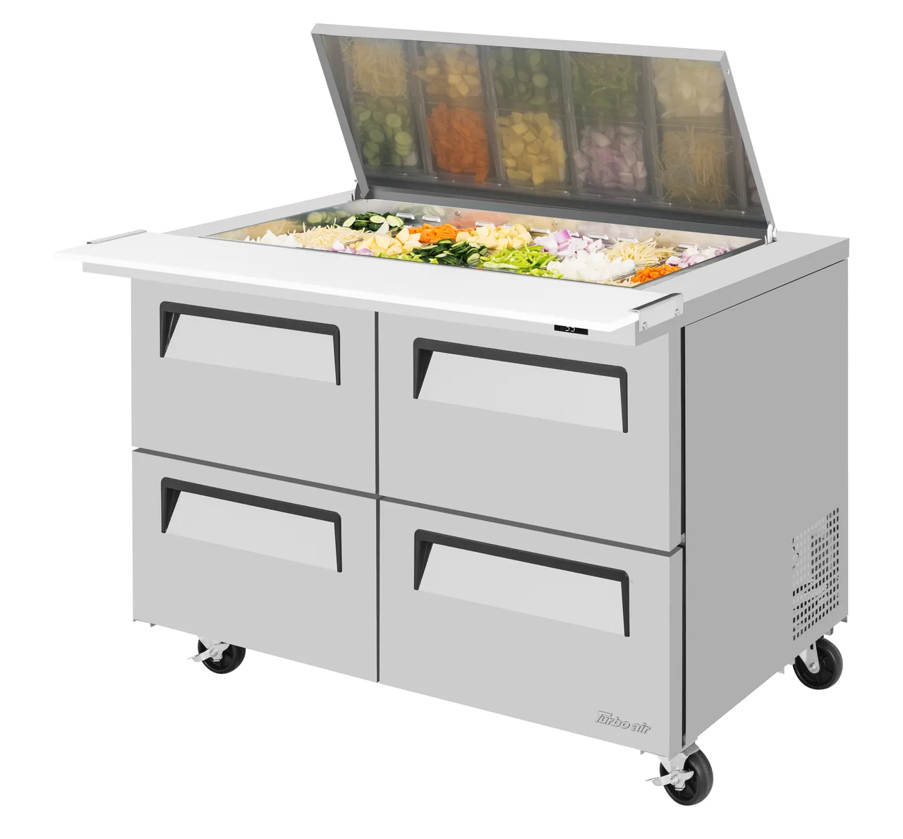 Turbo Air TST-48SD-18-D4-N-FL 48" 4-Drawer Mega Top Sandwich and Salad Prep Table, 18 Pans, Stainless Steel