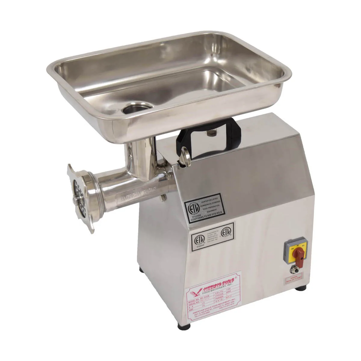 American Eagle AE-G22N Bench Meat Grinder, #12 Hub, 450 lbs/hr, 1.5 HP, 170 RPM, Stainless Steel, 115V 16A