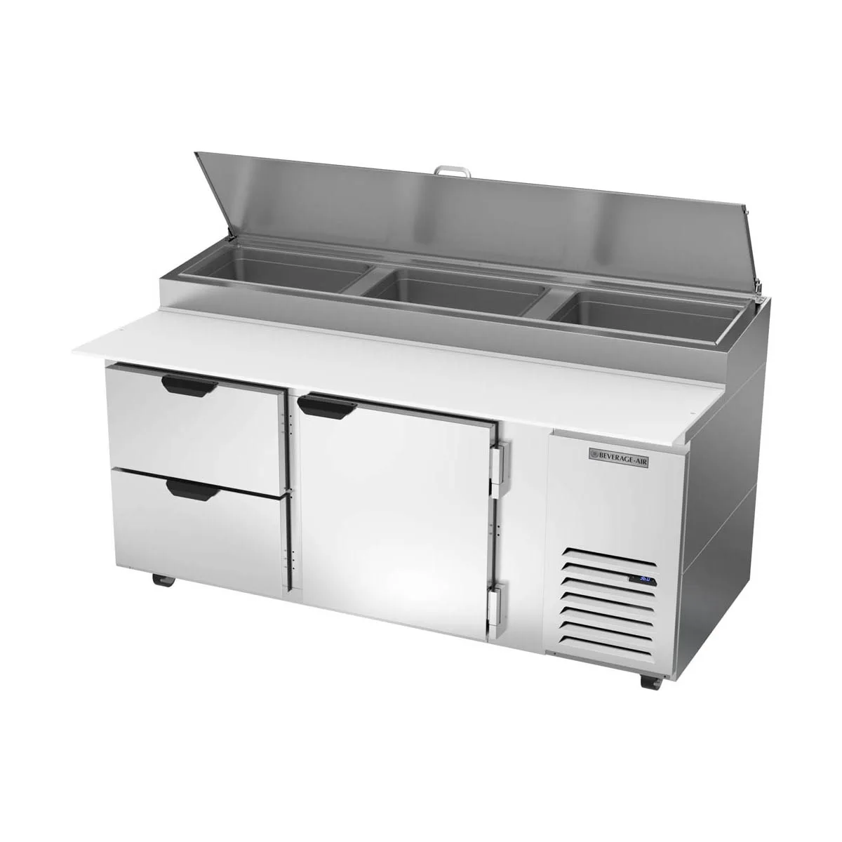 Beverage Air DPD72HC-2 72" 2-Section Refrigerated Pizza Prep Table w/ 1 Door & 2 Drawers