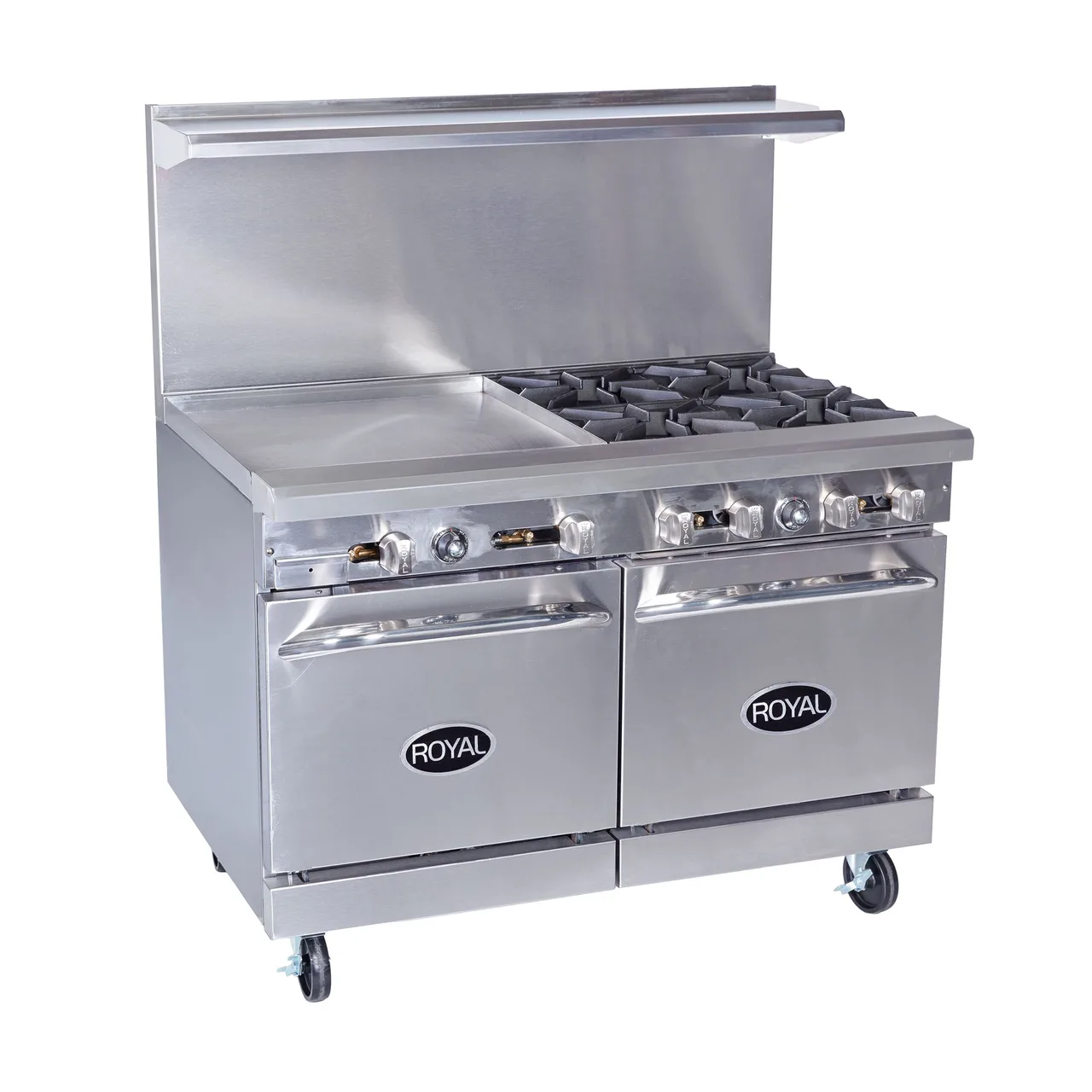 Royal Range of California RR-4G24 48" Gas Restaurant Range w/ (4) Open Burners, 24" Griddle, (2) Space Saver Ovens, 214.000 BTU