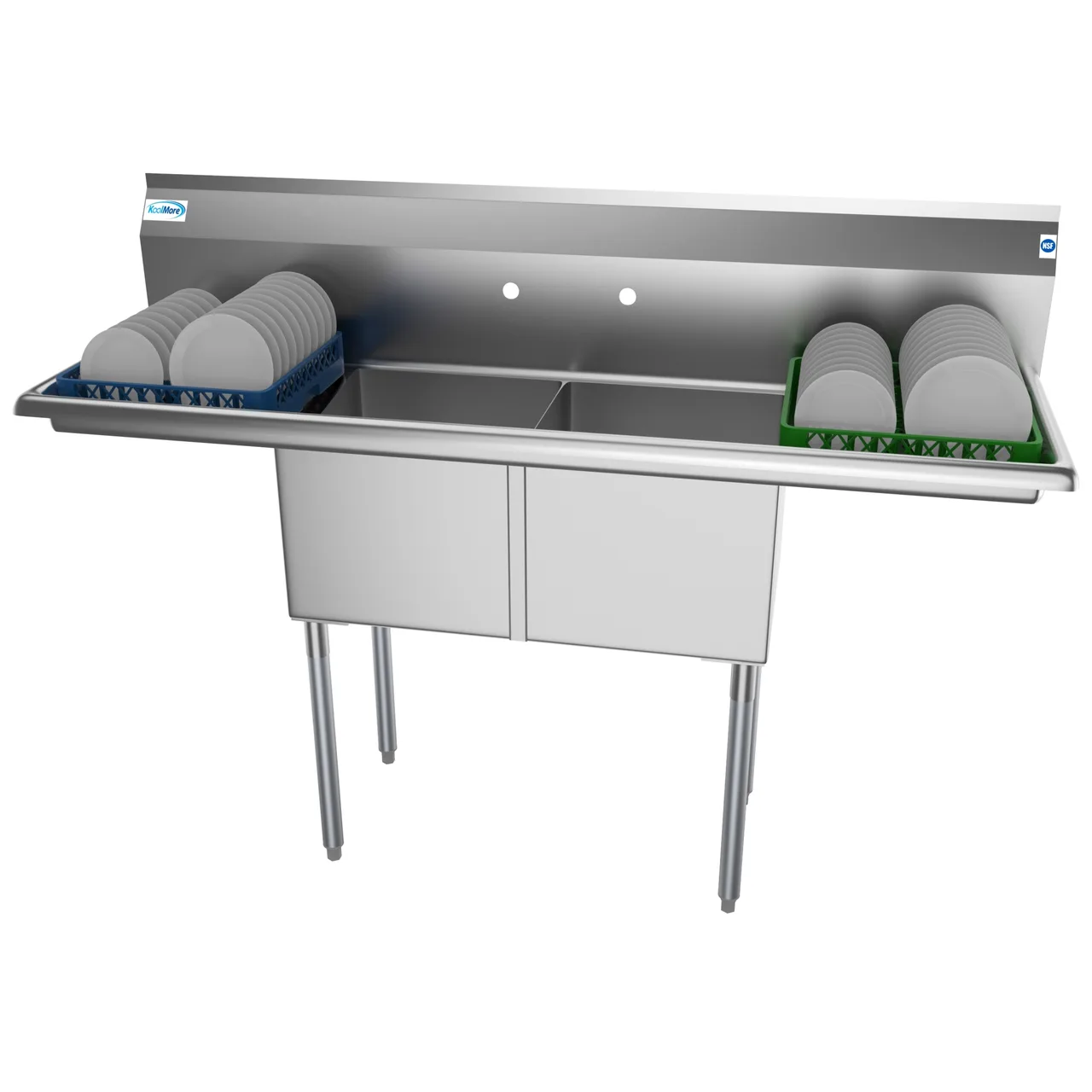 Koolmore SB151512-15B3 60" Two Compartment Sink, 15"W x 15"L Bowl With 2 Drainboards