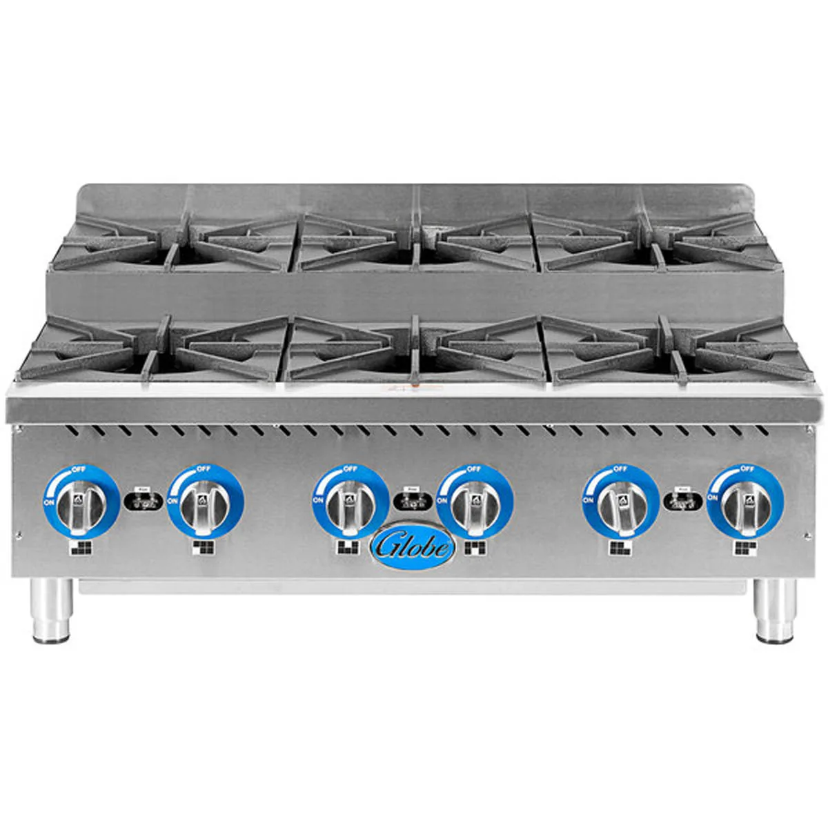 Globe GHPSU636G 36" Countertop Step-Up Gas Hotplate with (6) Burners, 180.000 BTU