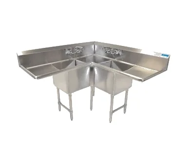 BK Resources BKCS-3-24-14-24T 75" 3 Compartment Corner Sink, 24"W x 24"L Bowl - Galvanized