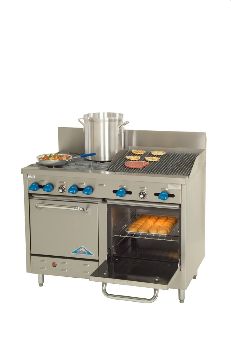 Comstock-Castle F3218-2RB 48" Gas Restaurant Range w/ (4) Open Burners, 24" Charbroiler, (2)Space Saver Ovens, 216.000 BTU