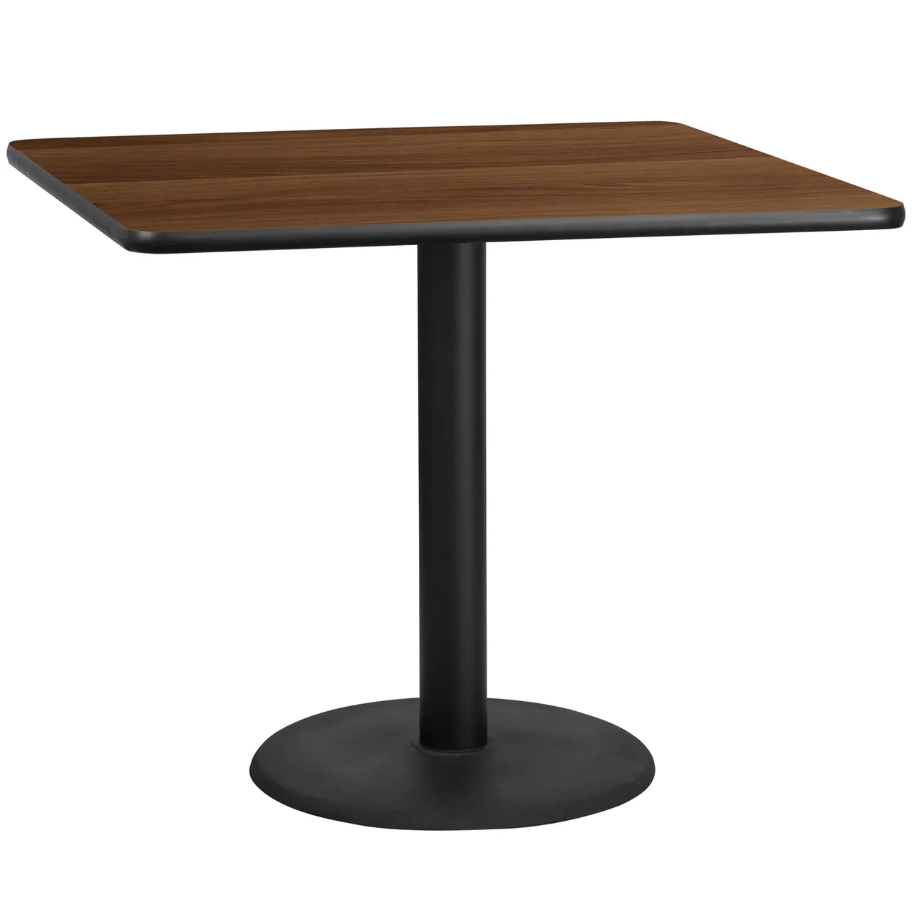 Flash Furniture XU-WALTB-4242-TR24-GG 42x42 Square Walnut Laminate Dining Table, Pedestal Base, Black PVC Edge, Commercial Grade