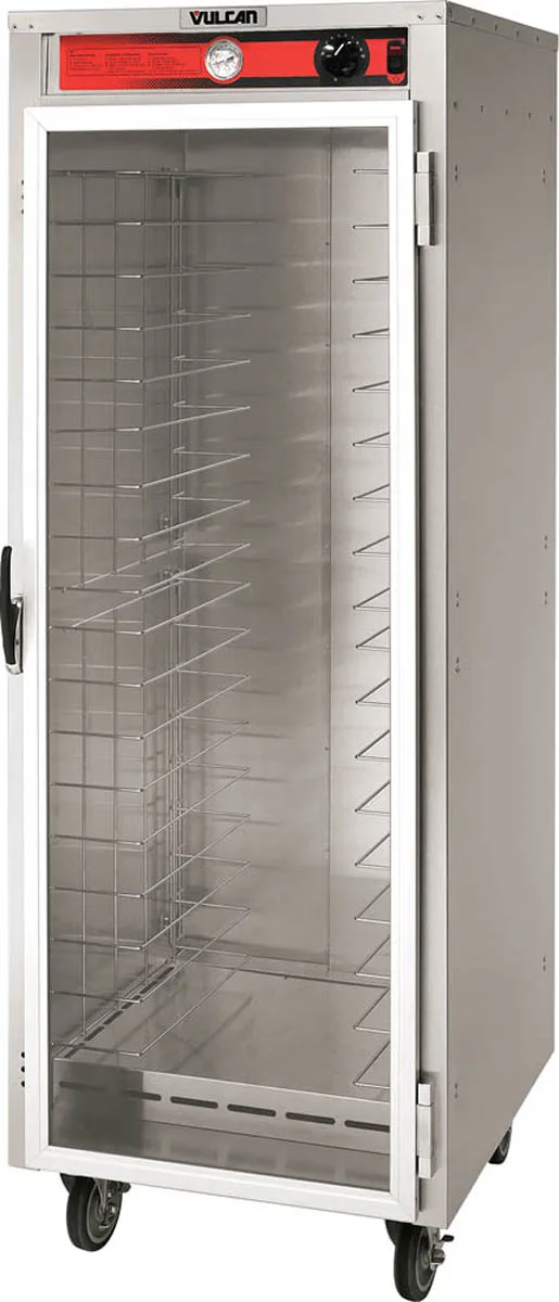 Vulcan VHFA18 Heated Holding Cabinet, 1-Section, 1-Door, Clear Glass, 18-Pan 18"x26", Stainless Steel, Mobile, 120V 2.0kW