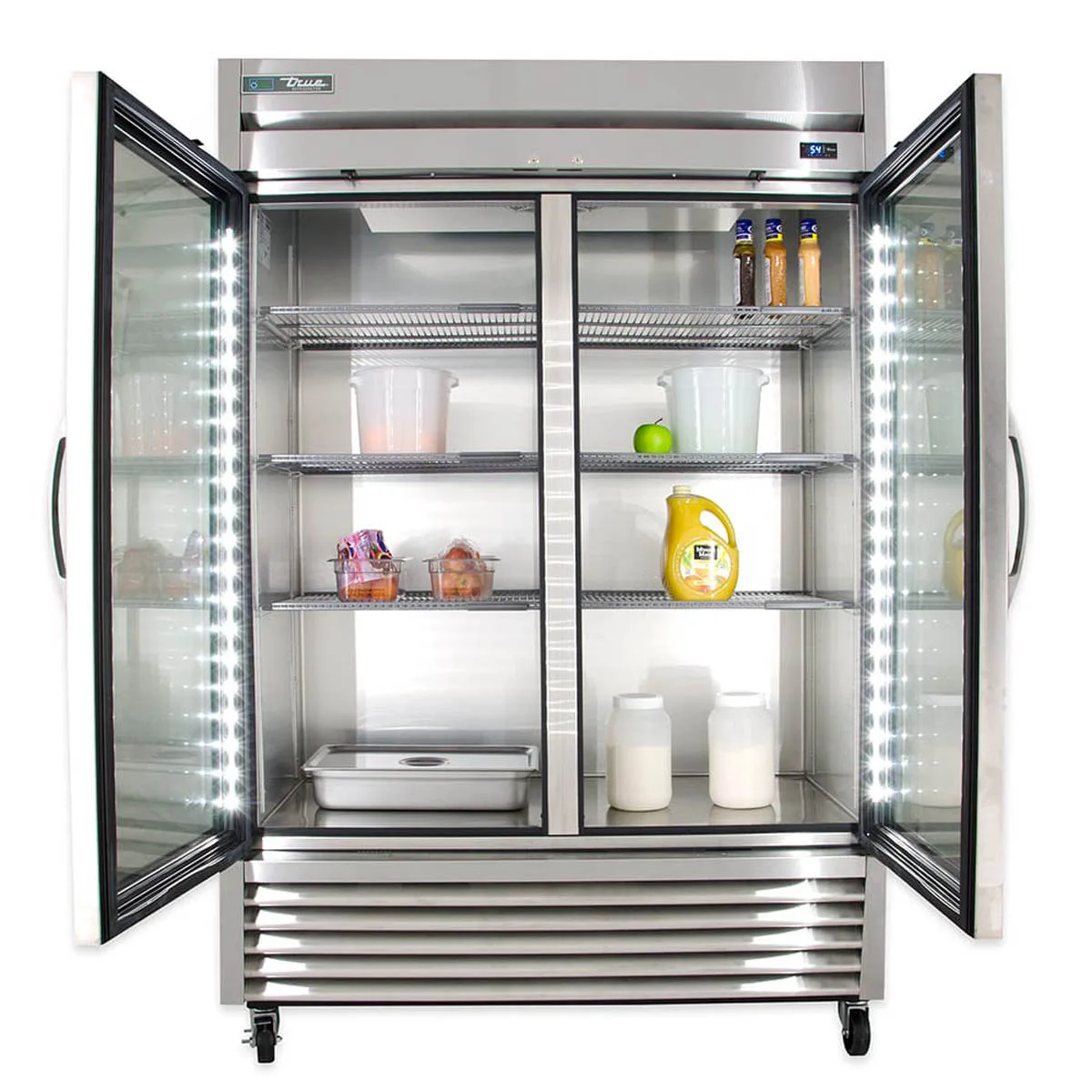 True T-49G-HC~FGD01 54" 2-Section Reach-In Refrigerator w/ 2 Glass Doors, Bottom Mount, Stainless Steel Front-Aluminum Sides