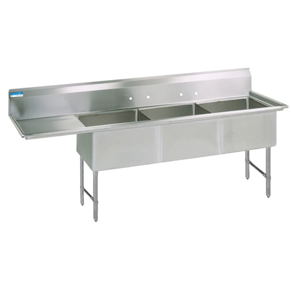 BK Resources BKS6-3-24-14-24LS 100" Three Compartment Sink, 24"W x 24"L Bowl w/Left-Hand Drainboard