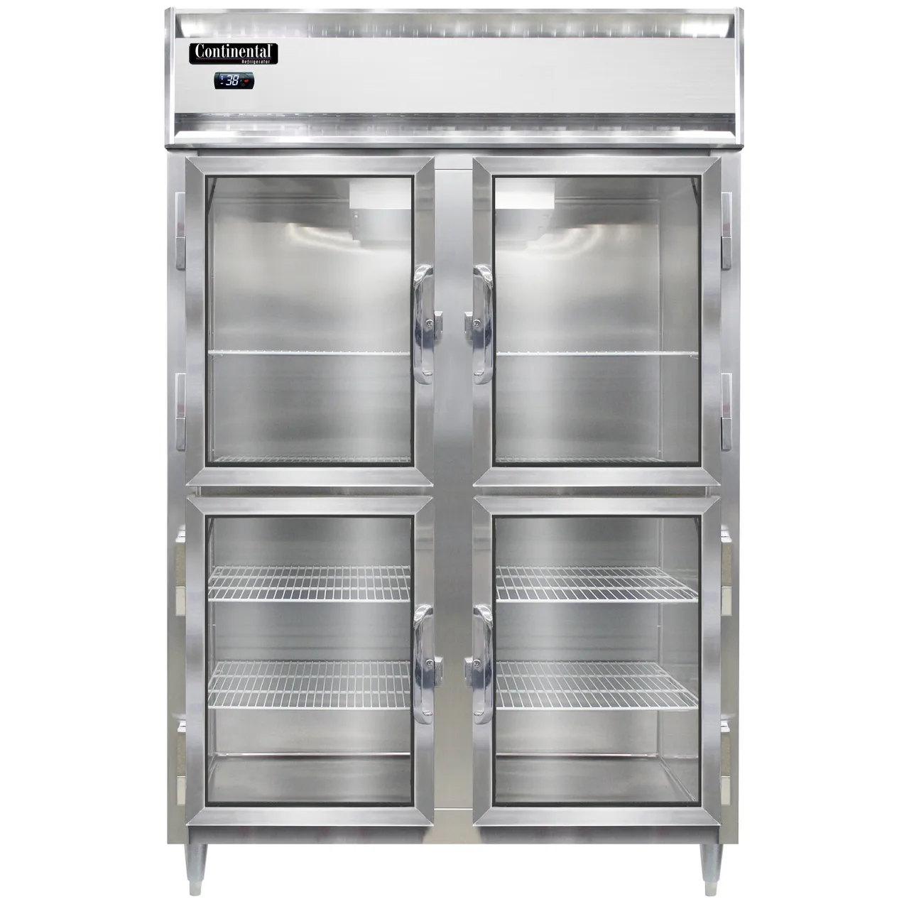 Continental Refrigerator D2RSNGDHD 52" 2-Section Reach-In Refrigerator w/ 4 Glass Half Doors, Stainless Steel Front Aluminum Exterior, 32 cu. ft.