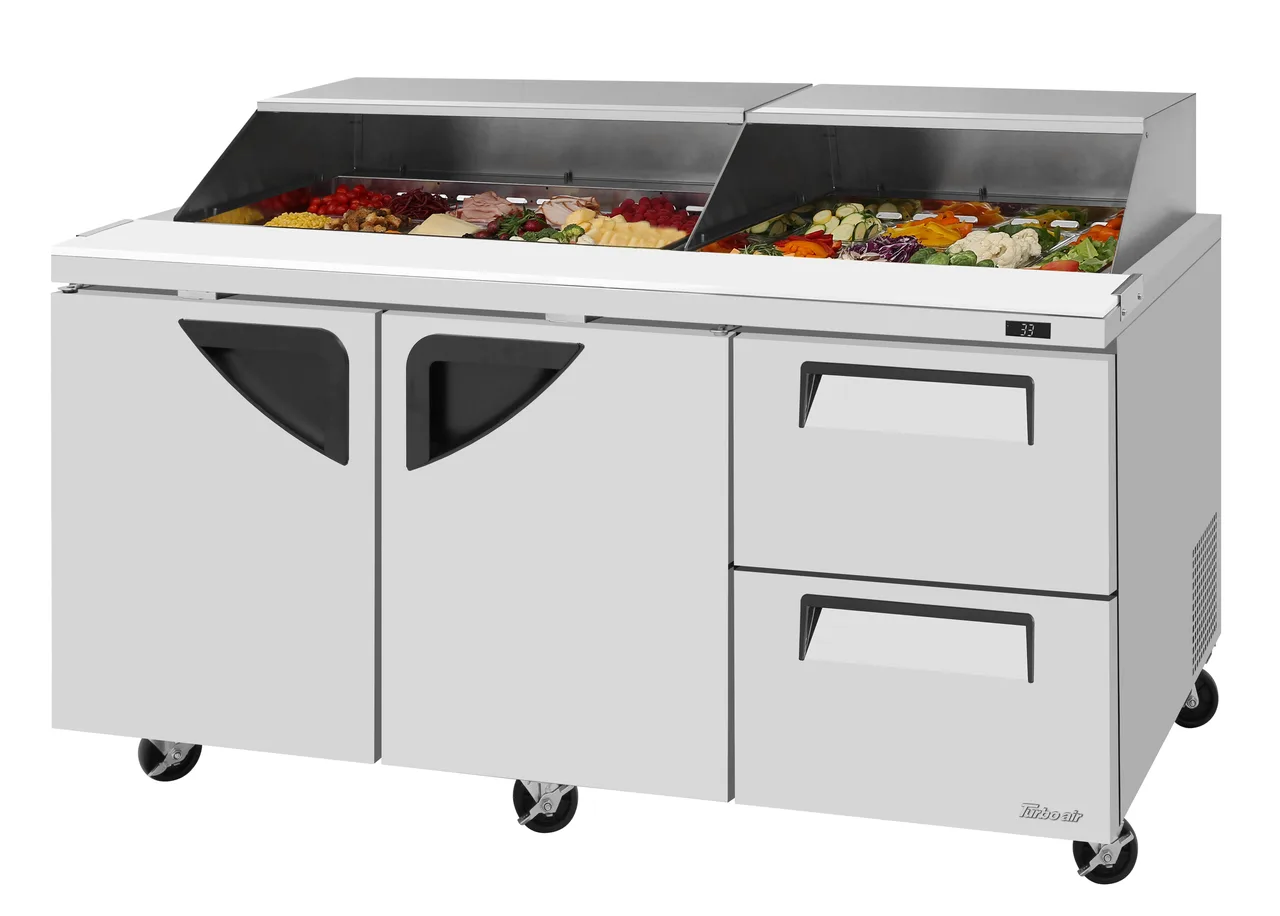Turbo Air TST-72SD-LRD2-N-SL 72" 3-Section Sandwich and Salad Prep Table, 2 Doors & 2 Drawers, 18 Pans, Stainless Steel