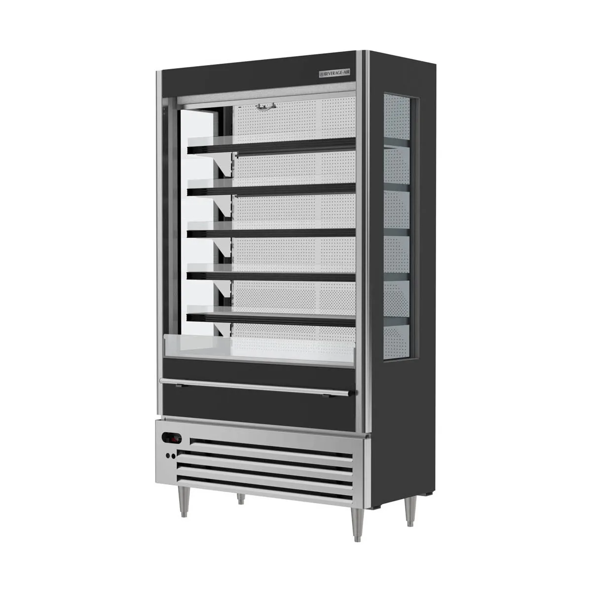 Beverage Air VMHCSL-18-1-B 47" Black Slim Open Air Merchandiser, 5 Shelves, Vertical Case, Glass Sides, 23 cu. ft.