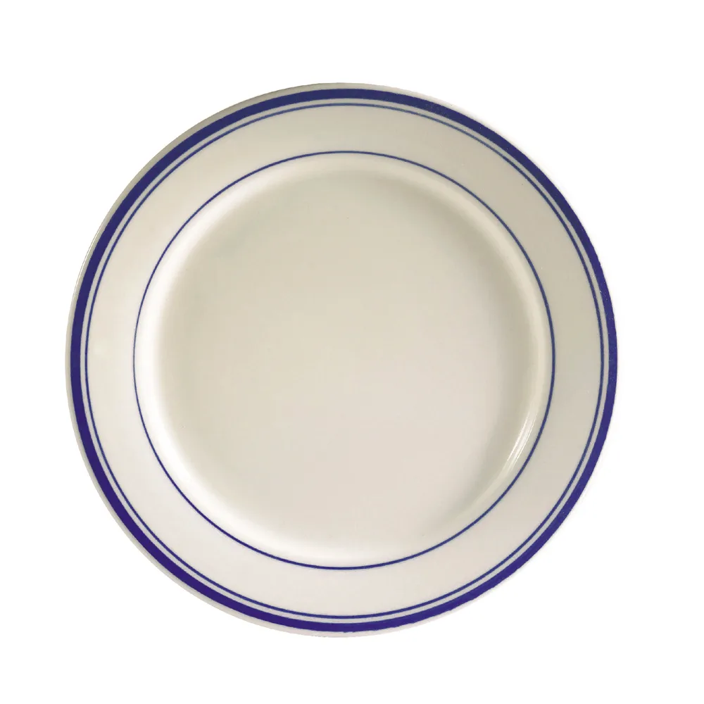 CAC China BLU-21 Blue Line Plate, 12" Dia x 1-1/4" H, Rolled Edge, Ceramic, Dishwasher Safe - Dozen