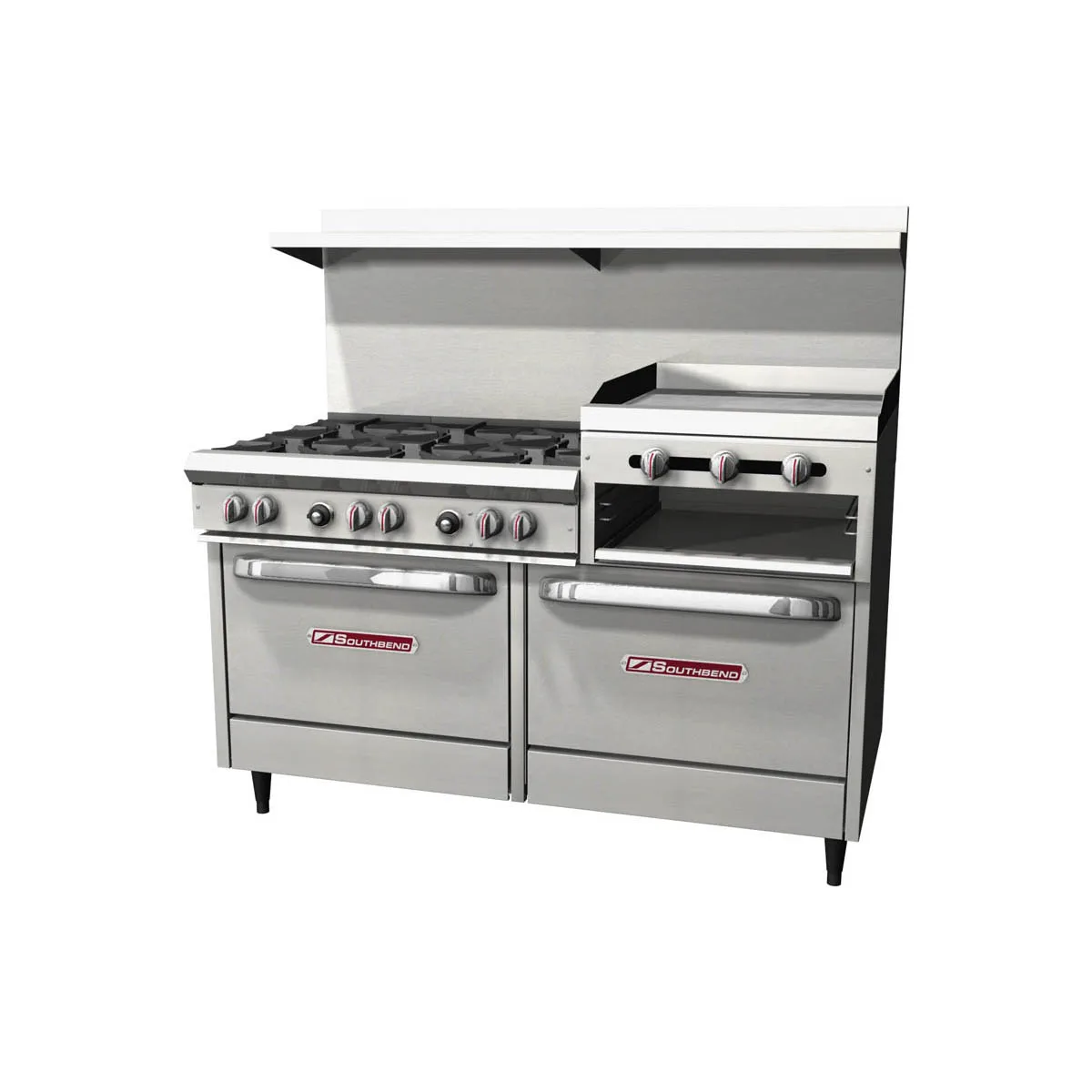 Southbend S60DD-2RR 60" Gas Restaurant Range w/ (6) Open Burners, 24" Raised Griddle/Broiler, (2) Standard Ovens, 271.500 BTU