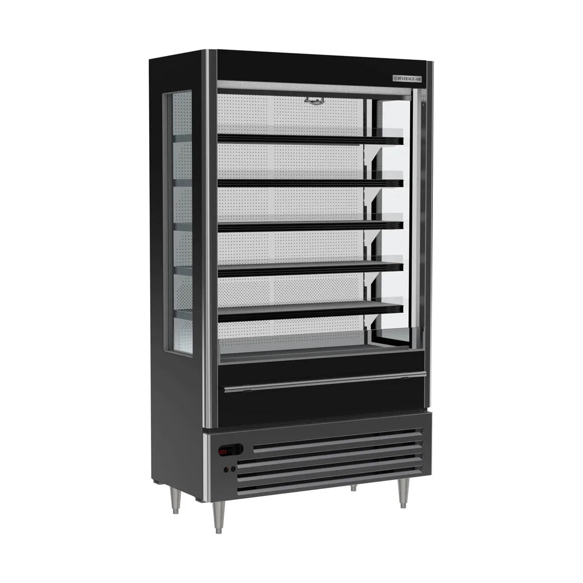 Beverage Air VMHCSL-18-1-B 47" Black Slim Open Air Merchandiser, 5 Shelves, Vertical Case, Glass Sides, 23 cu. ft.