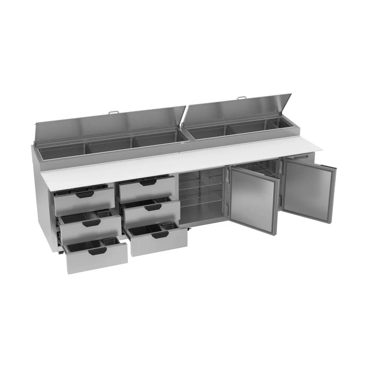 Beverage-Air DPD119HC-6T 119" 4-Section Refrigerated Pizza Prep Table w/ 2 Doors & 6 Drawers