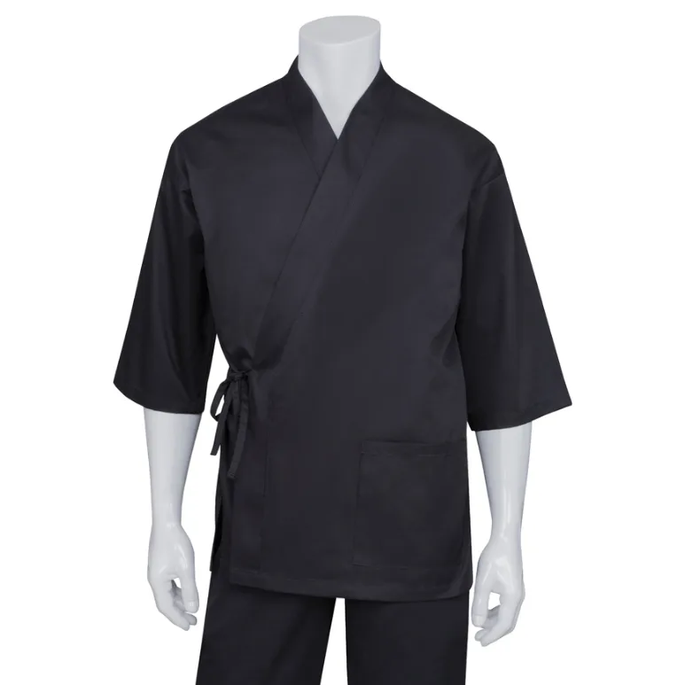 Chef Works SUBK-BLK-2X3 Black Sushi Coat, 2XL/3XL Cotton Twill, 3/4 Sleeve, Hip Pocket, Waist Ties