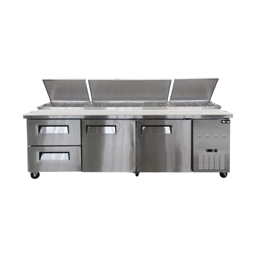 Omcan USA 49299 94" 3-Section Refrigerated Pizza Prep Table, 2 Doors, 12 Pans, Stainless Steel