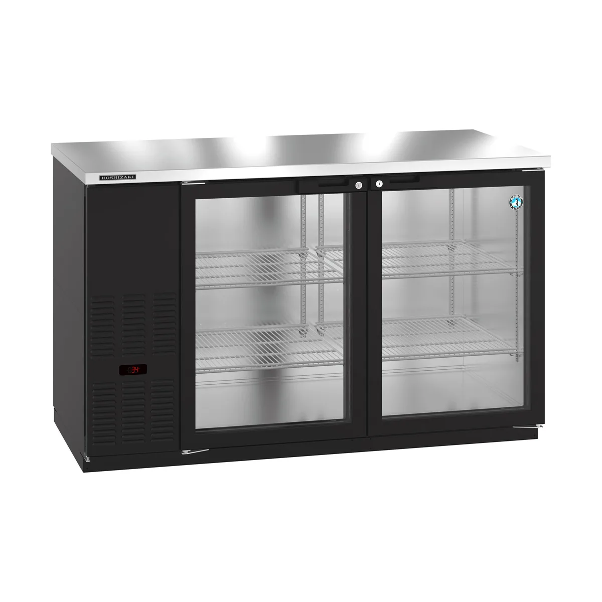 Hoshizaki BB59-G 59" Two Section Black 2 Swinging Glass Door Back Bar Cooler, 18.45 cu. ft.
