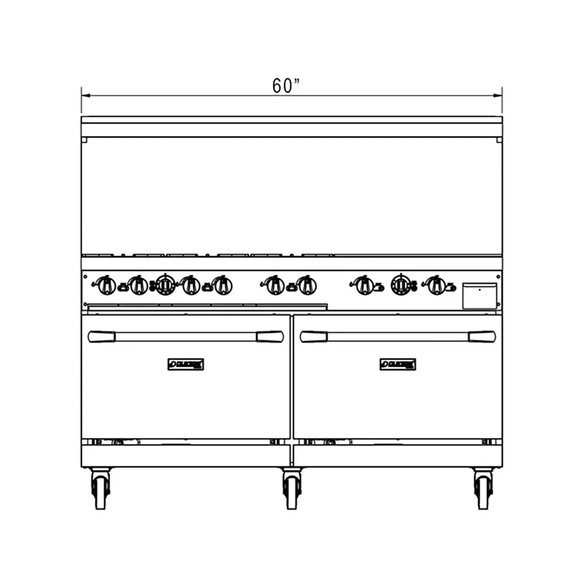 Dukers Appliance Co DCR60-6B24GM 60" Gas Restaurant Range, 6 Open Burners, 24" Griddle, (2) Standard Ovens, 324.000 BTU 