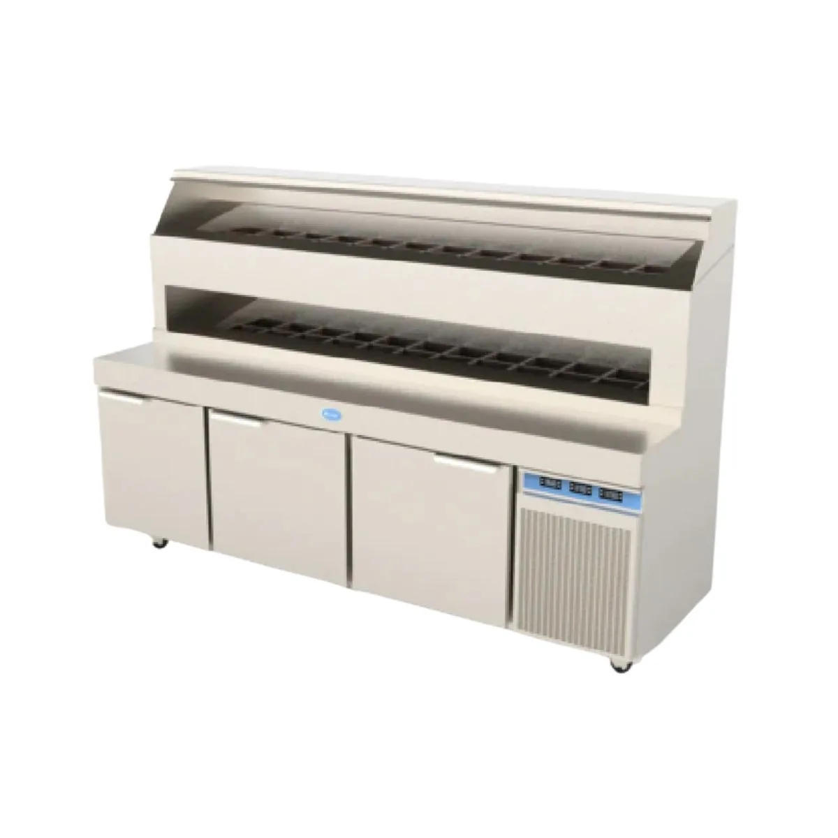 Randell 8396D-290 96" 3 Doors Refrigerated Pizza Prep Table, (25) 1/3 Size Pans