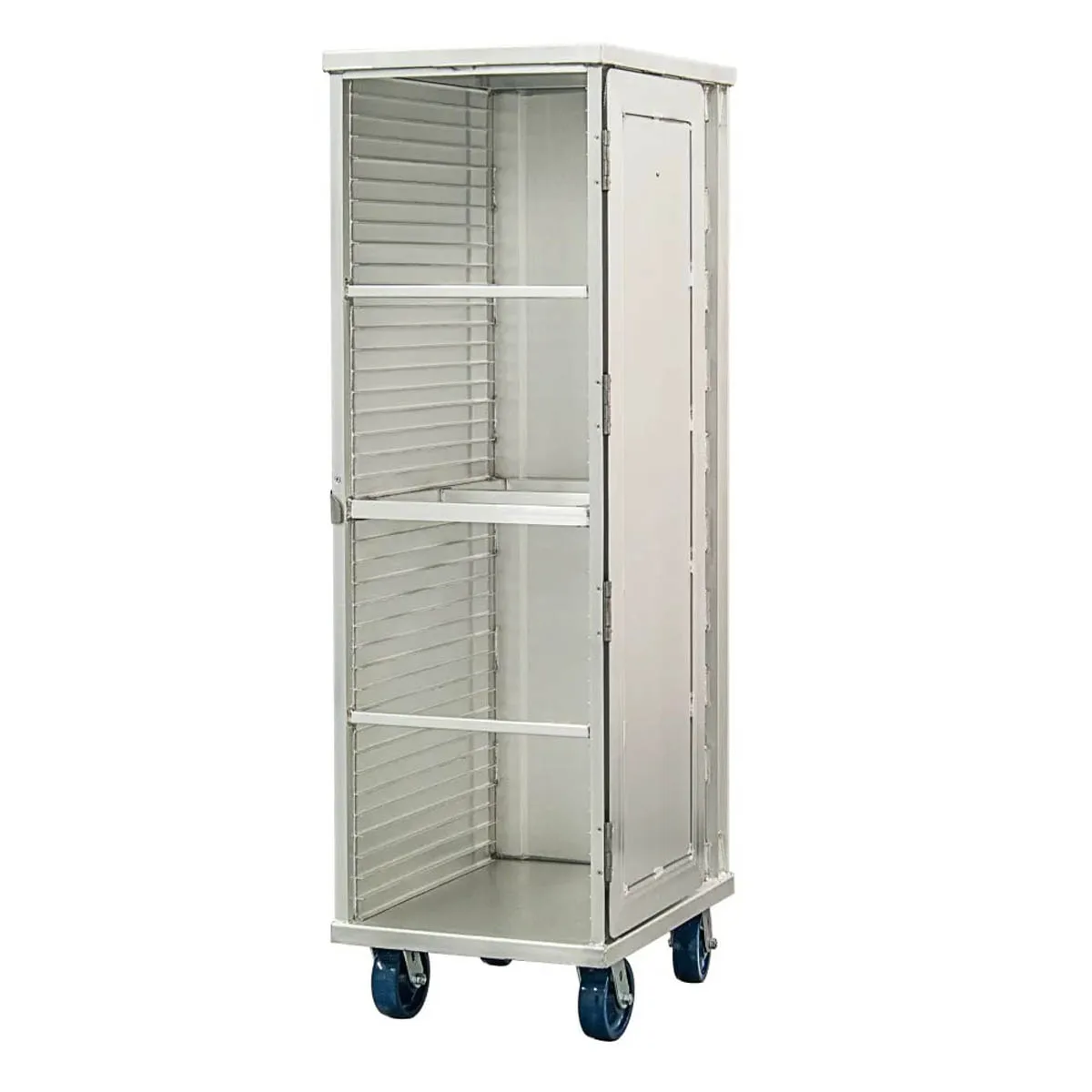 New Age 1290WDW 38 Pan Aluminum Mobile End Load Enclosed Sheet Pan Rack w/ 1 1/2" Bottom Load Slides