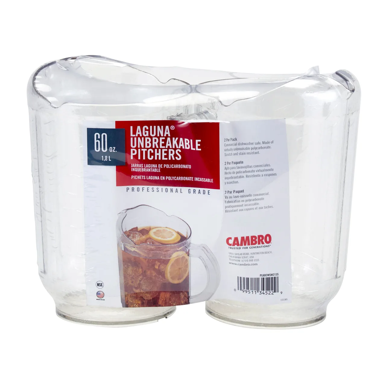 Cambro PL60CW135 - 60 oz Polycarbonate Pitcher 6‑3/4"×7‑7/8" H, NSF, Dishwasher Safe, Made in USA