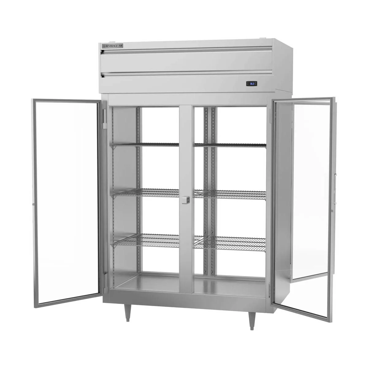 Beverage Air PRD2HC-1BG 52" 2-Section Pass-Thru Refrigerator w/ 4 Glass Full Doors, Top Mounted, 48.3 cu. ft.