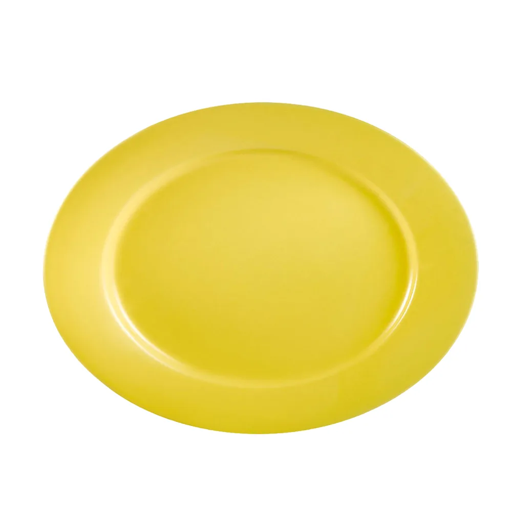 CAC China LV-51-Y Las Vegas Platter 15" x 10-1/4" x 1-1/2" Oval Yellow Ceramic Rolled Edge - Dozen