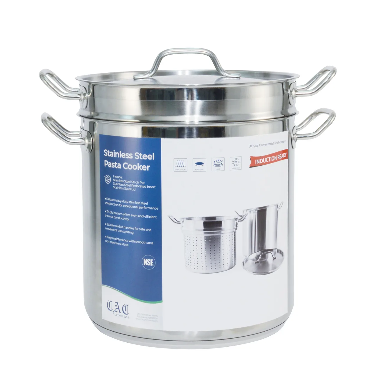 CAC China SPDB-20 Pasta Cooker, 20 qt 11-3/4" x 11-3/8" Lid, Induction Ready, Stainless Steel - Set