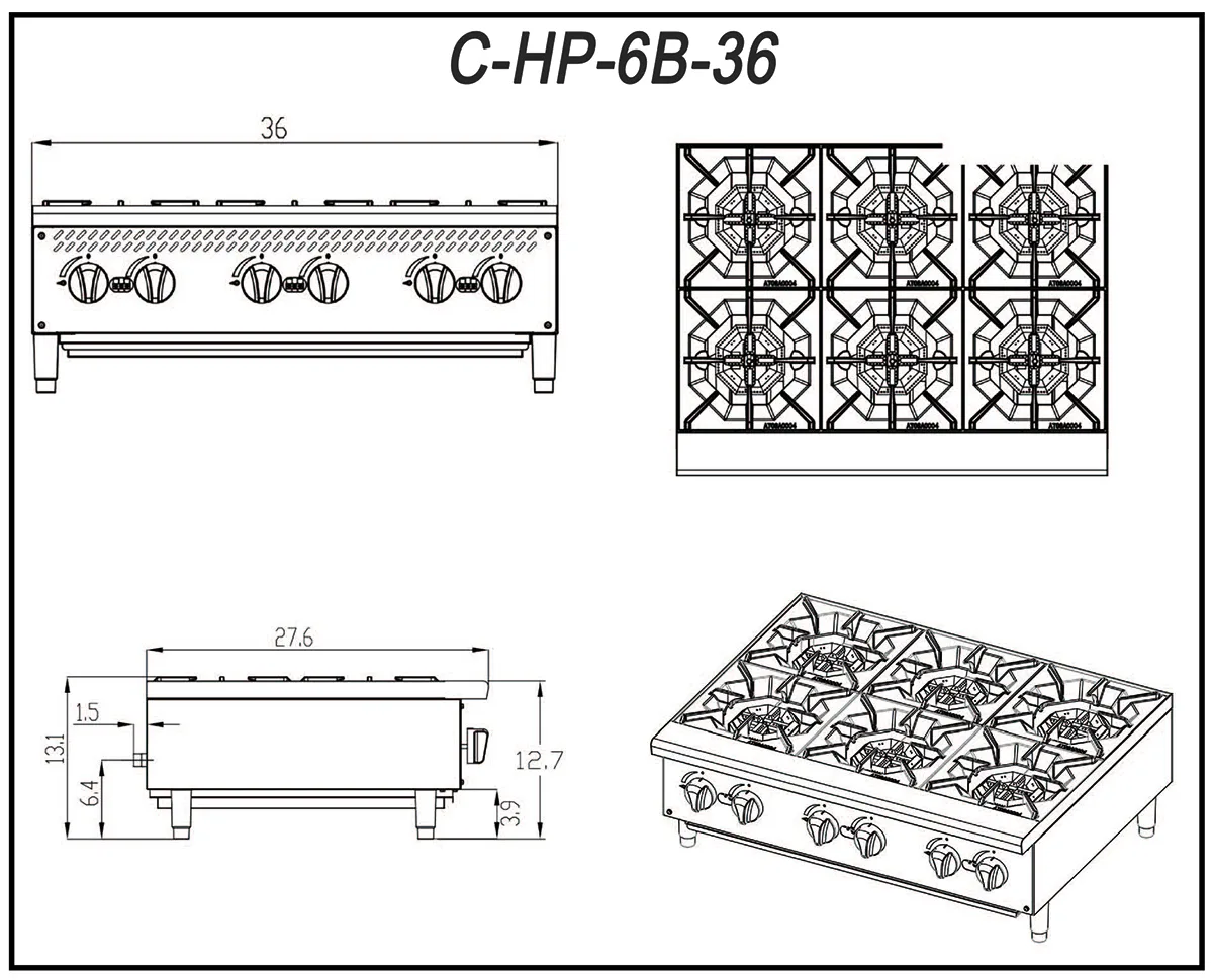 Migali C-HP-6B-36 36" Countertop Gas Hotplate w/ (6) Burners, Manual Controls, 150.000 BTU