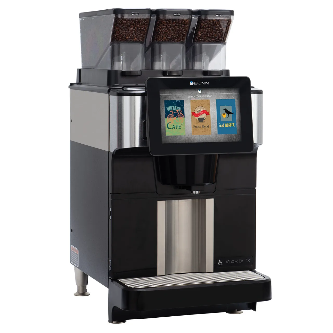 BUNN 55400.0106 S.Steel Fast Cup Bean to Cup Coffee Brewer w/ (3) 3.3 lb. Hoppers, 208-240V / Black
