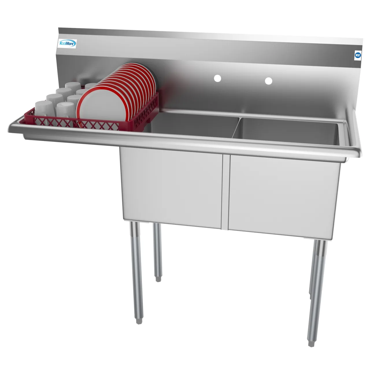 Koolmore SB151512-15L3 48" Two Compartment Sink, 15"W x 15"L Bowl With Left-Hand Drainboard