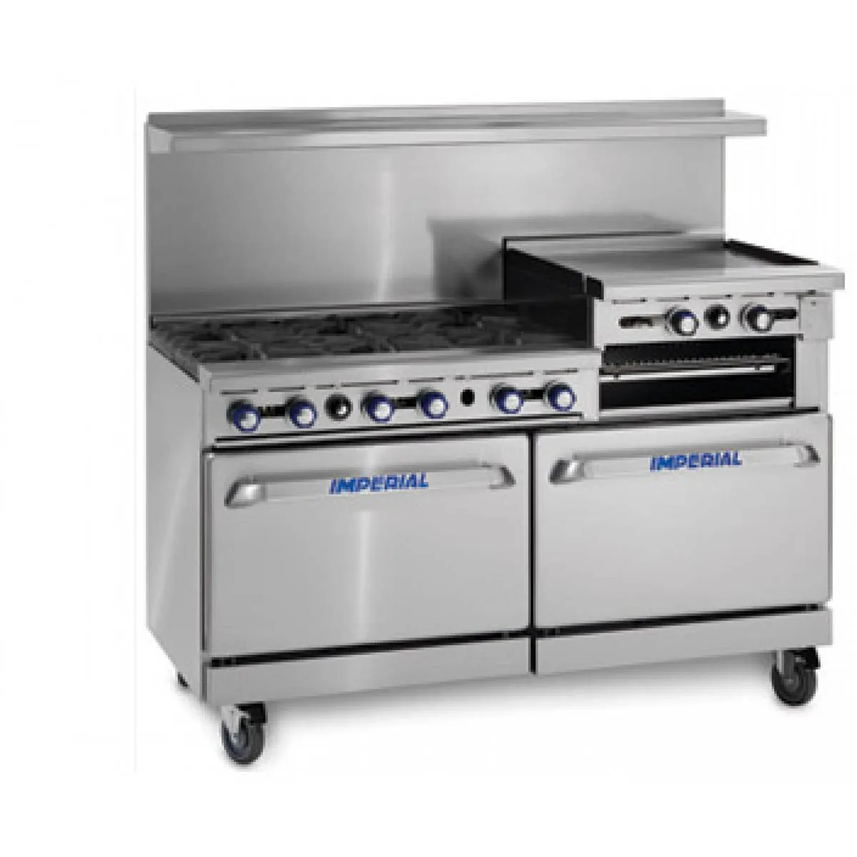 Imperial IR-4-RG36 60" Gas Restaurant Range w/ (4) Open Burners, 36" Raised Griddle/Broiler, (2) Standard Ovens, 258.000 BTU