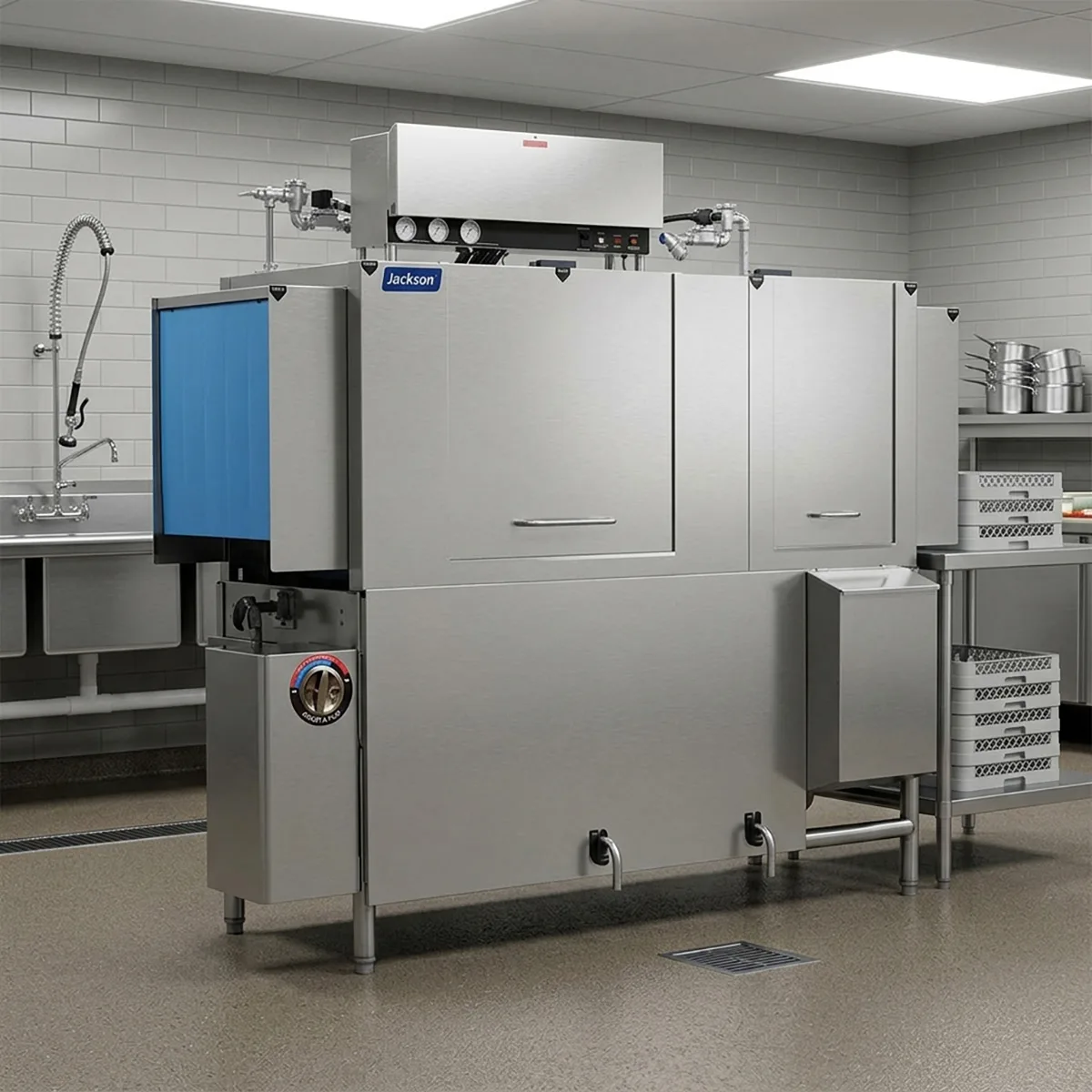 Jackson WWS AJX-66CEL 66" Conveyor Dishwasher, 209 Racks/Hr - 163 Gal/Hr - Low Temp