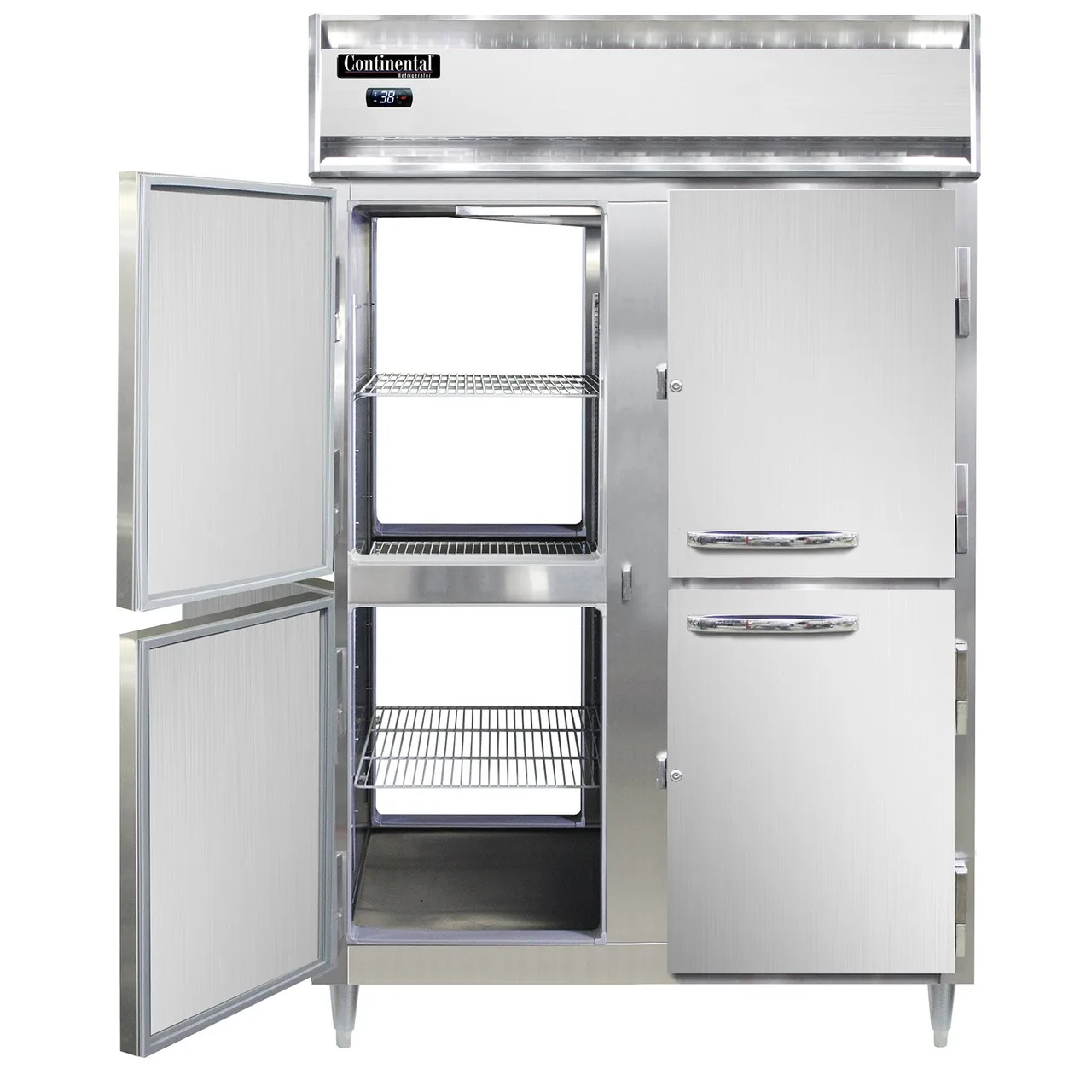 Continental Refrigerator D2RNSAPTHD 52" 2-Section Pass-Thru Refrigerator w/ 8 Half Solid Doors, Stainless Steel Exterior, 50 cu. ft.