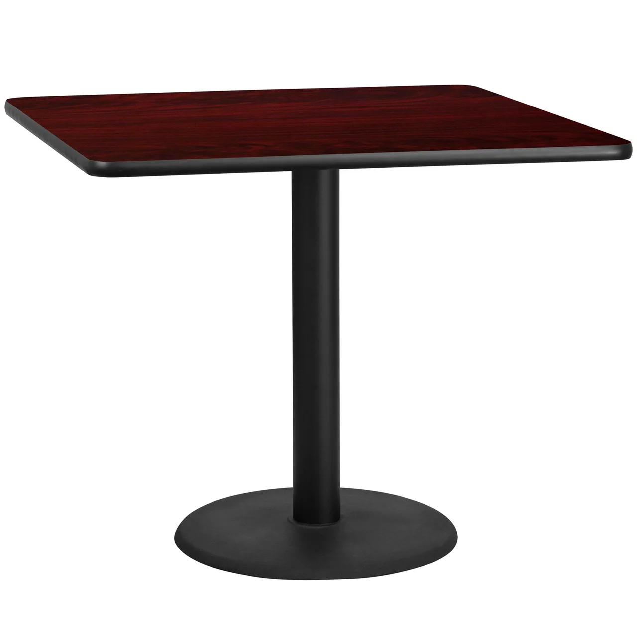 Flash Furniture XU-MAHTB-4242-TR24-GG 42x42 Square Pedestal Dining Table, Mahogany Laminate, Black PVC Edge, 24 Dia. Base