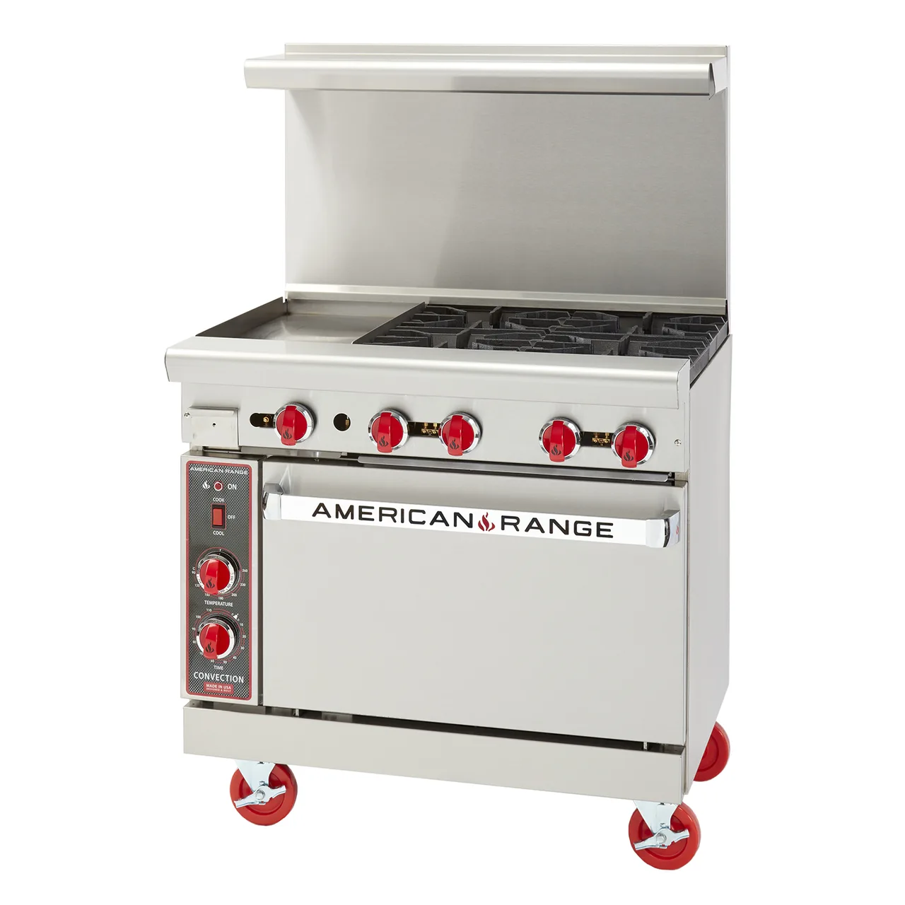 American Range ARGF-12G-4B-C 36" Gas Restaurant Range, (1) 12" Griddle, (4) Open Green Flame Burners w/ Pilotless Electronic Ignition, (1) Convection Oven, 150.000 BTU